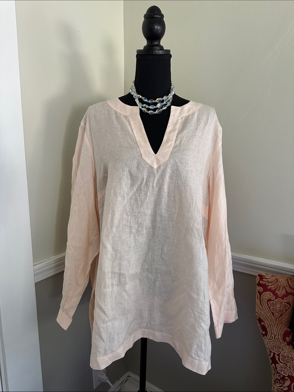 Lauren Ralph Lauren Light Peach Linen Split V-Neck Top(B)